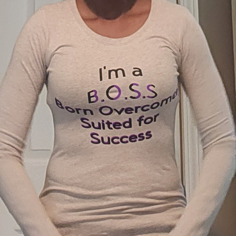 Cream Long Sleeve Top with Purple Text